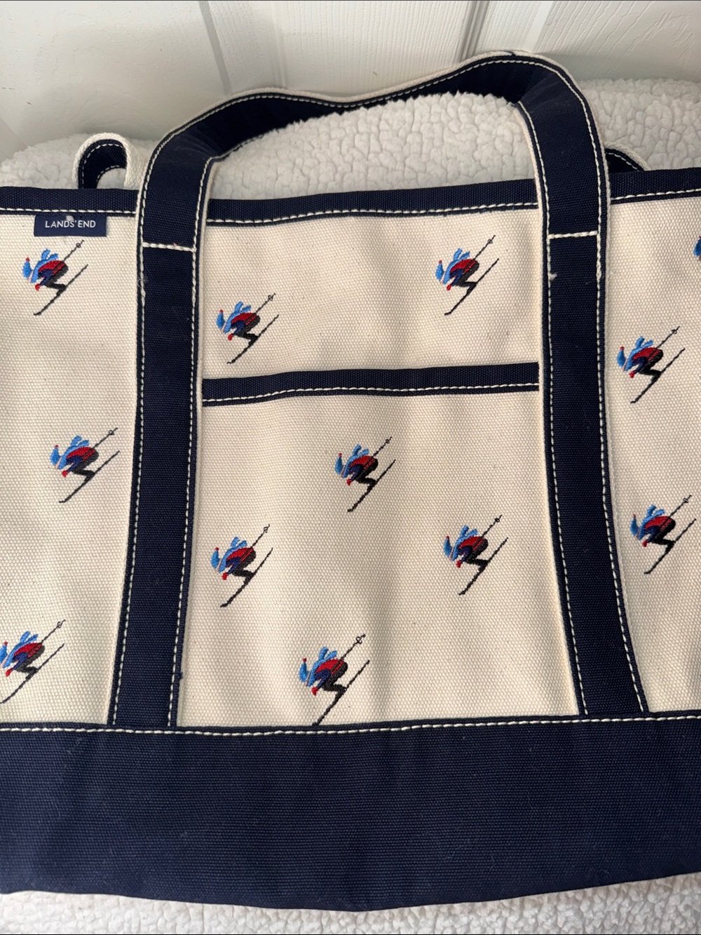 Lands' End Navy & Cream Canvas Tote with Ski Embroidery